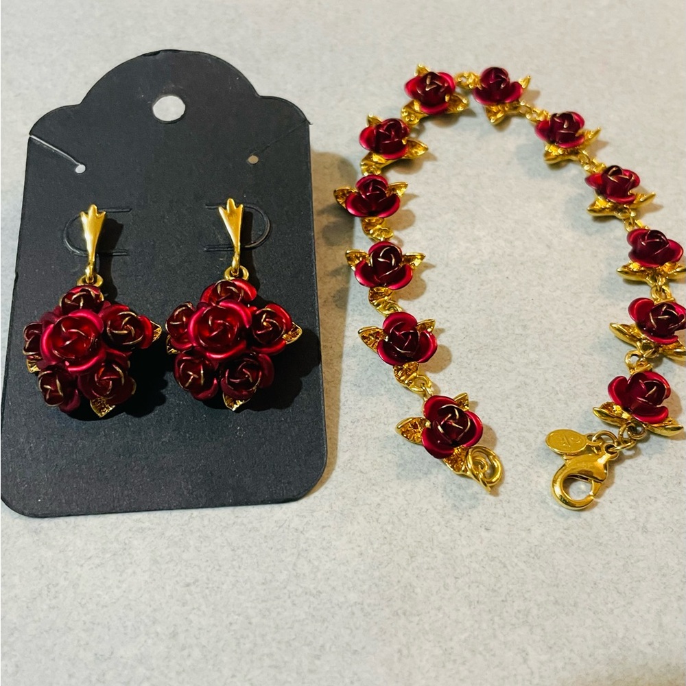 Deep Red Floral Earrings with Gold Accents